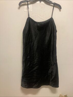 CRUZ/ Classic Black Satin Slip Chemise with Spaghetti Straps